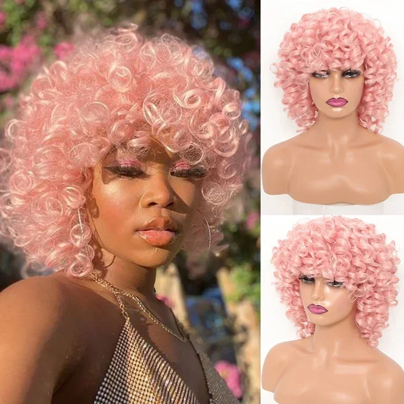 

12 Inch Bouncy Loose Curly Wigs for Women Short Afro Fulffy Curly Bob Wig with Bangs Pink Synthetic Afro Kinky Curly Wig Cosplay