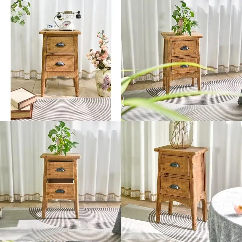 Wholesale Brown Wooden Two Drawer Bedside Table File Book Cabinet for Bedroom Living Room Corner Side Storage Furniture