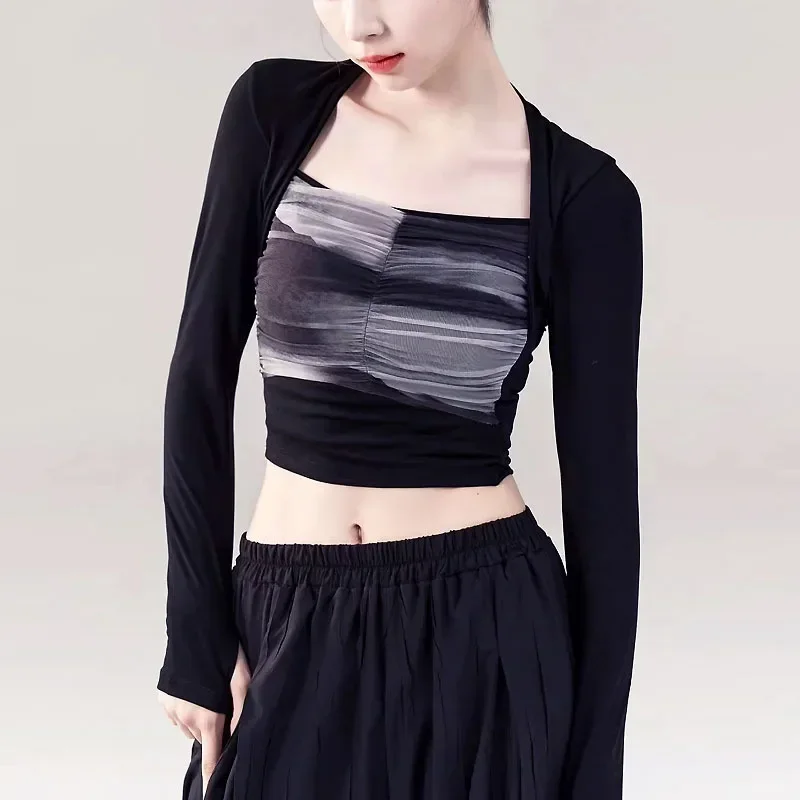 

Одежда для танцев для взрослых и женщин, обтягивающая одежда с длинными рукавами в китайском стиле, топ с чернильным принтом, классическая тренировочная одежда для тела