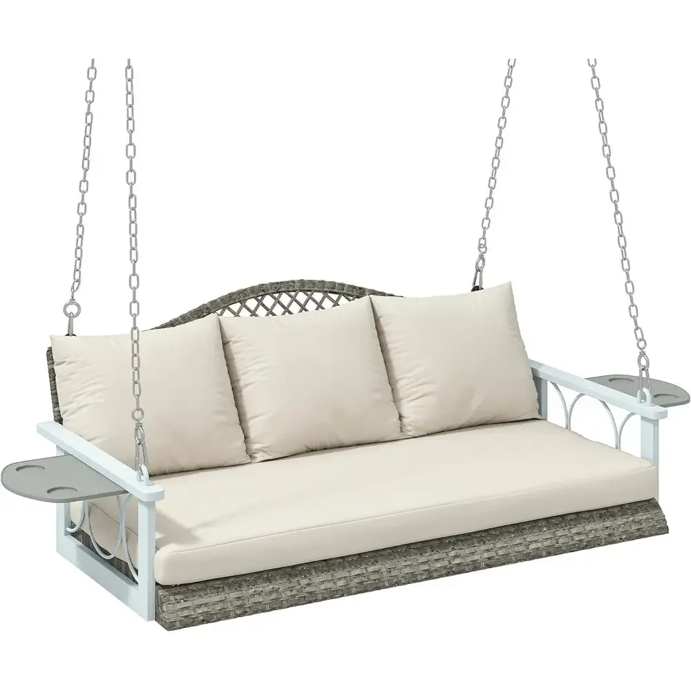 Durable 800 lbs 3-Person Wicker Swing with Cup Holders, 57 Outdoor Rattan Patio Bench, Cushions & Chains