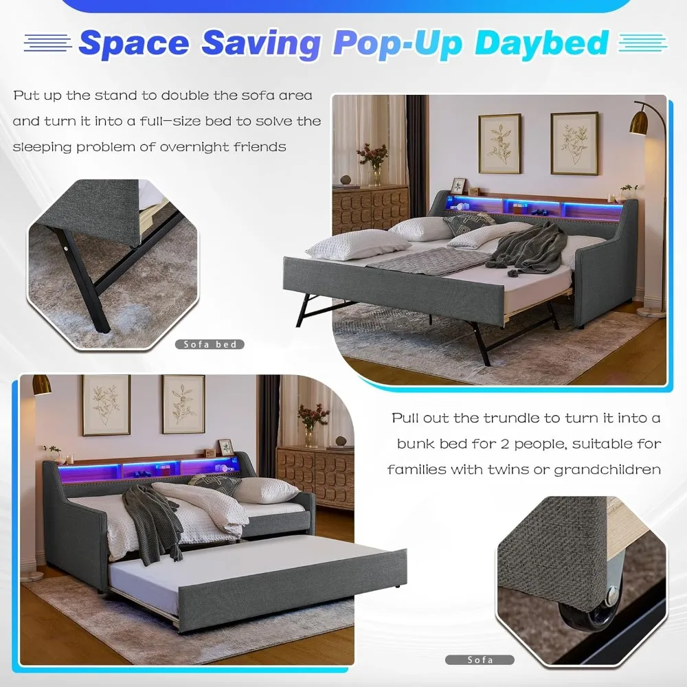 سرير نهاري مزدوج مع دولاب منبثق وشاحن لاسلكي، إطار سرير نهاري للأريكة المنجدة مع لوح رأسي للتخزين LED/USB/Type C/Storage، Twin to King #5