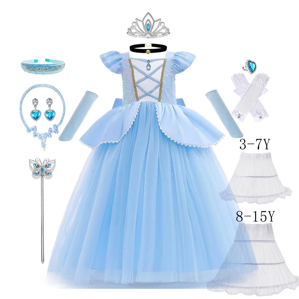 Cinderella Costume Girl Cosplay Clothes for Girls Sequins Princess Dress with Crown Gloves Birthday Party Ball Gown 3-10 Years