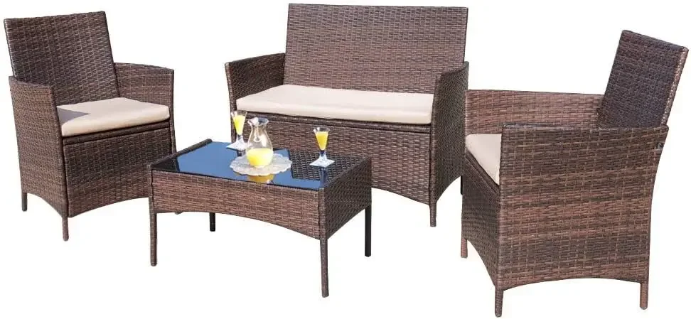 Conjunto de muebles para exteriores, set de 4 piezas para patio, porche, jardín, piscina, balcón, color marrón y Beige