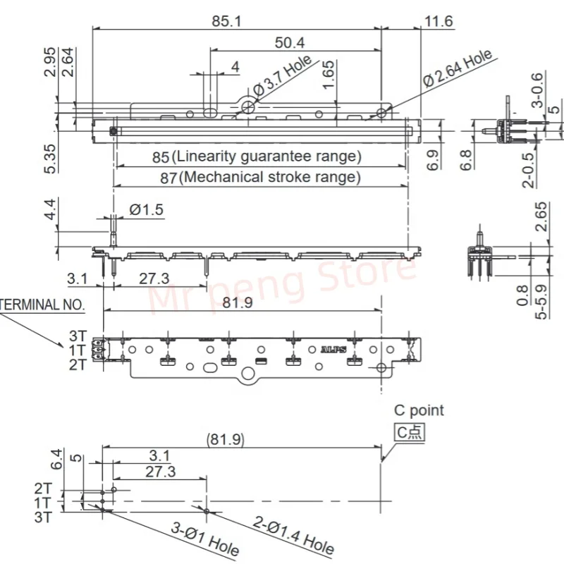 2pcs for ALPS Potentiometer Fader Resistive sliding position sensor RDC1087 Linear 10K stroke 87MM