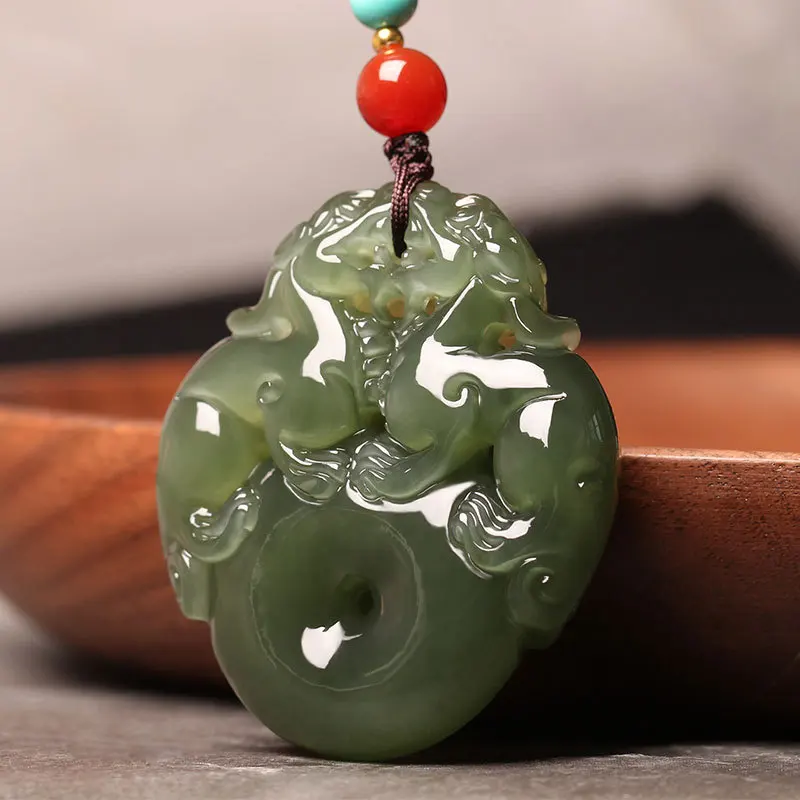 Hetian Green Double Men Women, Amulet Wealth And Good Fortune, Pixiu Talisman Jade Pendant