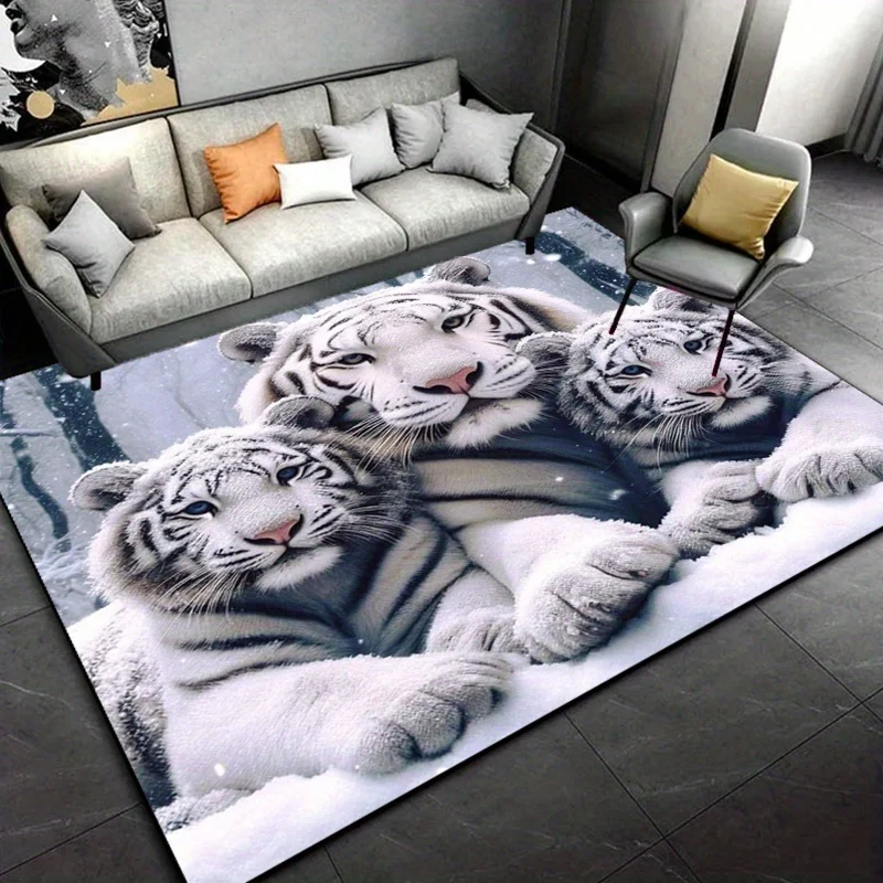 Three White Tigers Snow Scene Animal Print Large Area Rug Soft Flannel Non Slip Floor Carpet for Living Room Wildlife Themed
