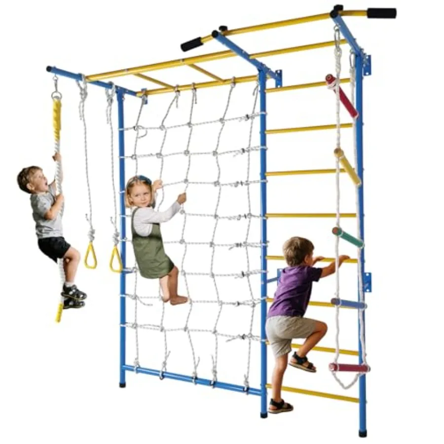 

Металлический шведский тренажер 7 в 1: лестница, турник, канатная лестница, гимнастические кольца для дома