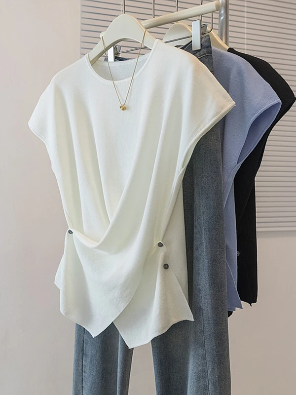 

Elegant White Short Sleeve T-Shirt Women's Summer plus Size Flattering Waist-Cut Uneven Korean Style Loose Fit Knitted Top