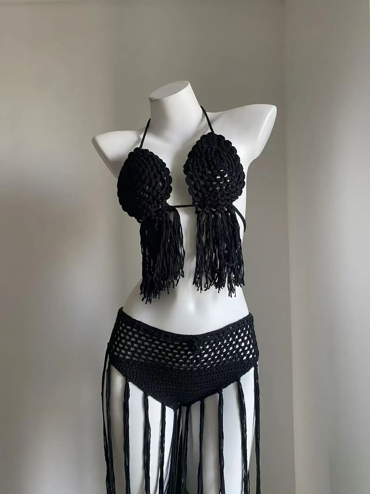 Women Summer Black Crochet Bikini Set Tassel Swimwear Sexy See Through Cover Up Skirt Hollow Out 2 Piece Knitted Beach Set