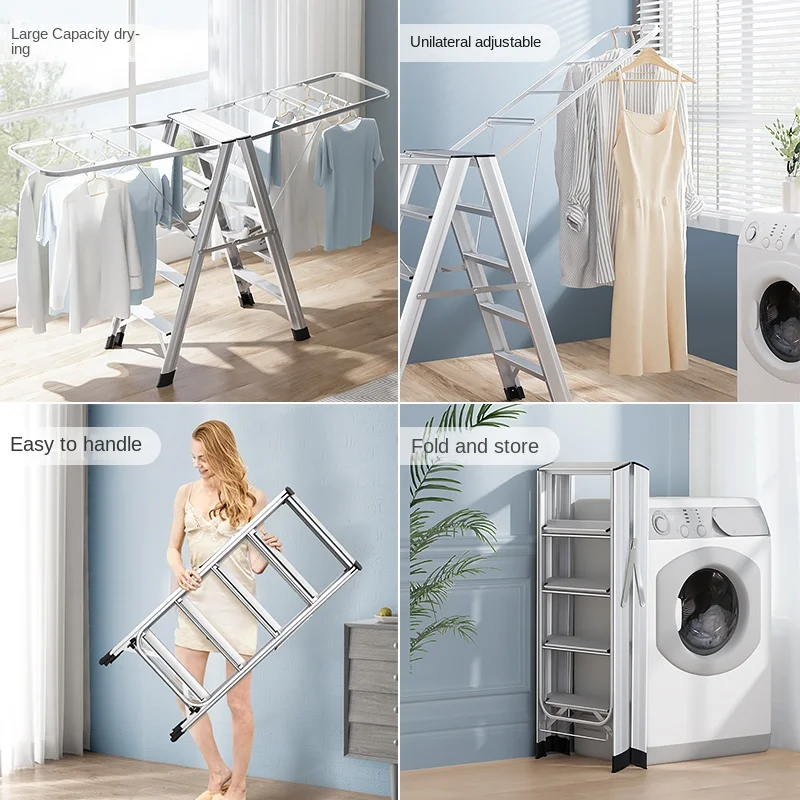 Wyj Ladder Clothes Hanger Dual-Use Household Folding Multifunctional Indoor Retractable Trestle Ladder