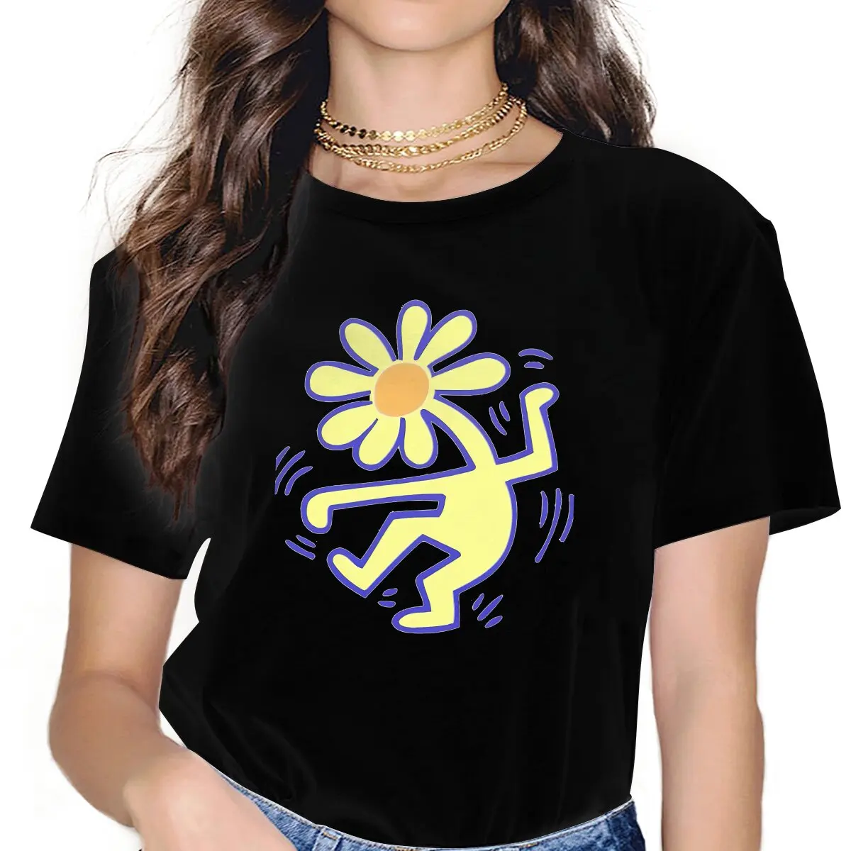 Haring Geometric Graffiti Head Yellow Sun Tshirt Graphic Women Tops Vintage Homme Fibre Harajuku Polyester T Shirt