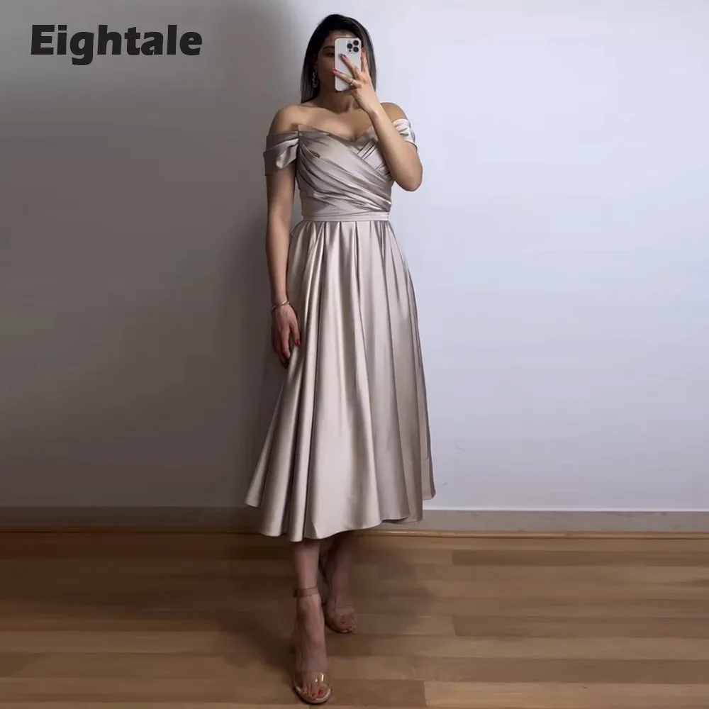 

Eightale Short Evening Dresses 2023 V-Neck Off the Shoulder Satin A-Line Prom Gown Wedding Party Dress Ballkleider Robe Soirée