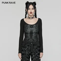 PUNK RAVE Women's Backbone Shaped Chain Punk Knitted Long Sleeve Slim T-shirt Gothic Daily Hot Sexy Black Tops Women Clothes