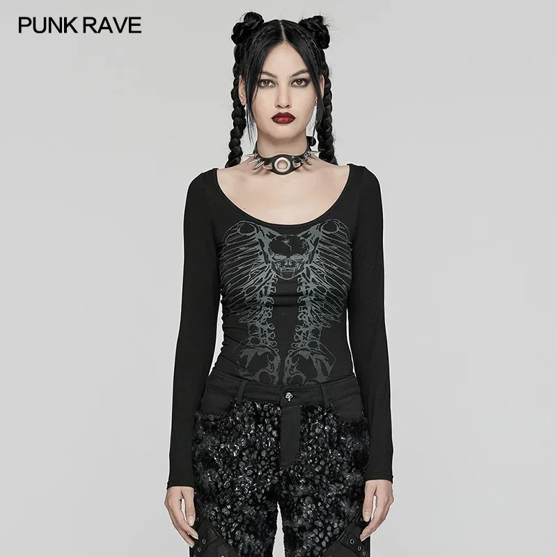 PUNK RAVE Women's Backbone Shaped Chain Punk Knitted Long Sleeve Slim T-shirt Gothic Daily Hot Sexy Black Tops Women Clothes
