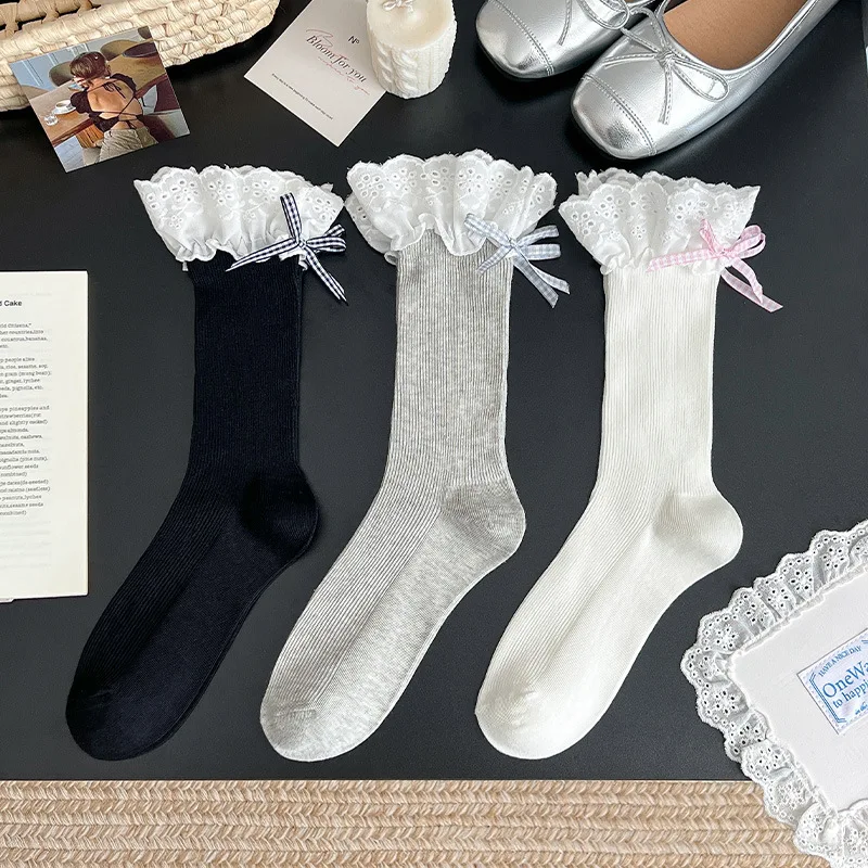 Women’s Lace Ruffle Bow Mid‑Calf Socks, Japanese JK Lolita Slouch Socks, Sweet Girls Socks for Matching Mary Jane Shoes