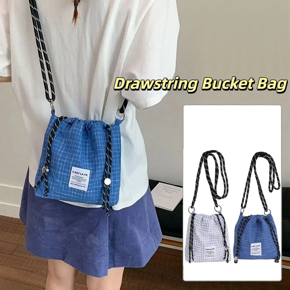

Small Korean Drawstring Bucket Bag Plaid Casual Nylon Crossbody Bag Light Weight Leisure Women's Handbags Sports