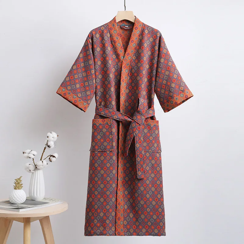 Couple\'s Dressing Gowns Vintage Print Loungewear Double Layer of Cotton Bathrobes Women\'s Pajamas Absorb Water and Dry Quickly