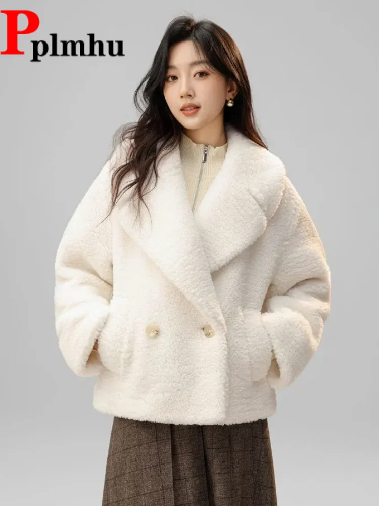 

Short Plush Thickened Warm Jackets Women's Casual Baggy Button Lapel Chaquetas Elegant Korean Fashion Loose Tops Jaquetas