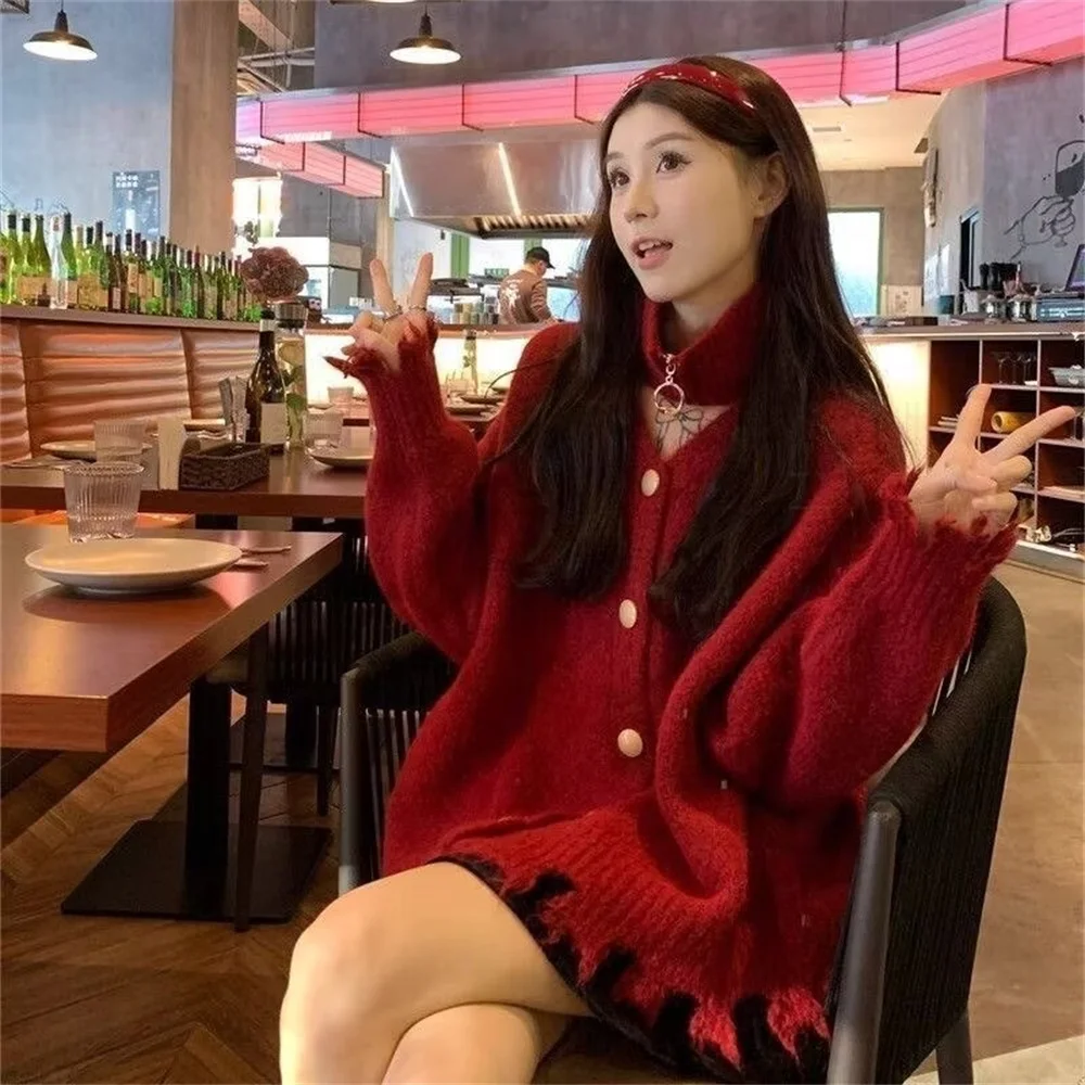 Autumn Winter Korean Style Long-sleeved Sweater For Women's Halter Neck V-neck Tassel Fashion Cardigan Clothes Top