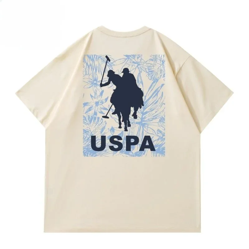 U. S. POLO ASSN. New American Hawaiian Flower Horse Print Comfortable and Versatile Pure Cotton T-shirt for Men and Women