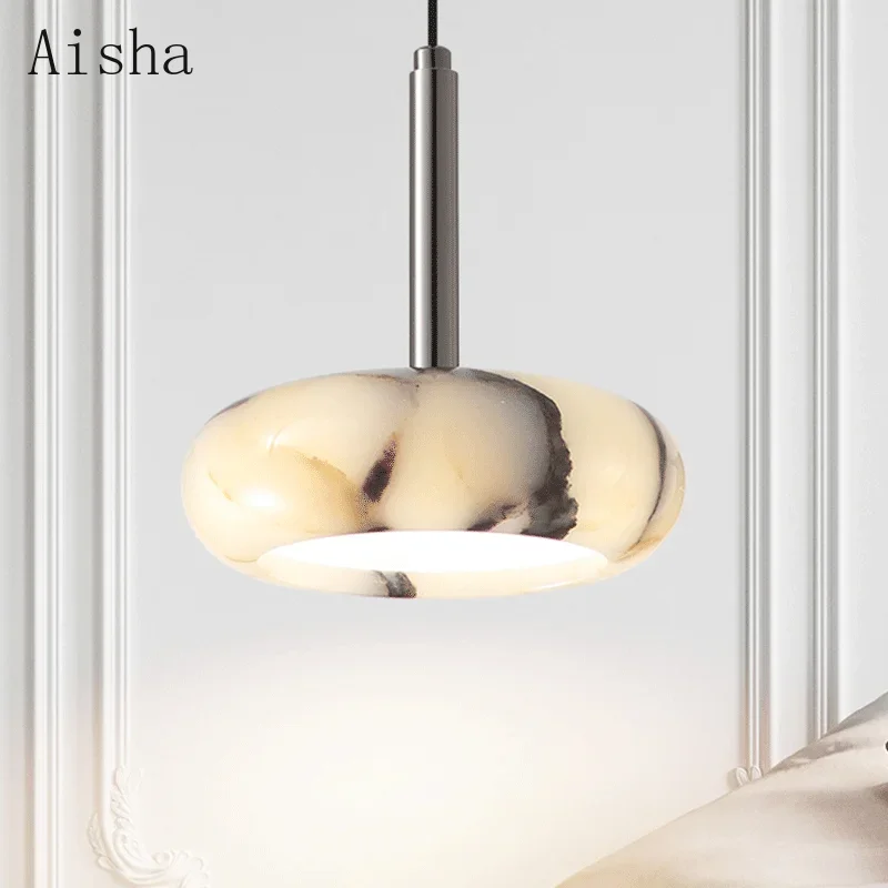 Luxury black circular stone pendant light bedroom headboard LED hanging lamp for  living room decoration home chandelier