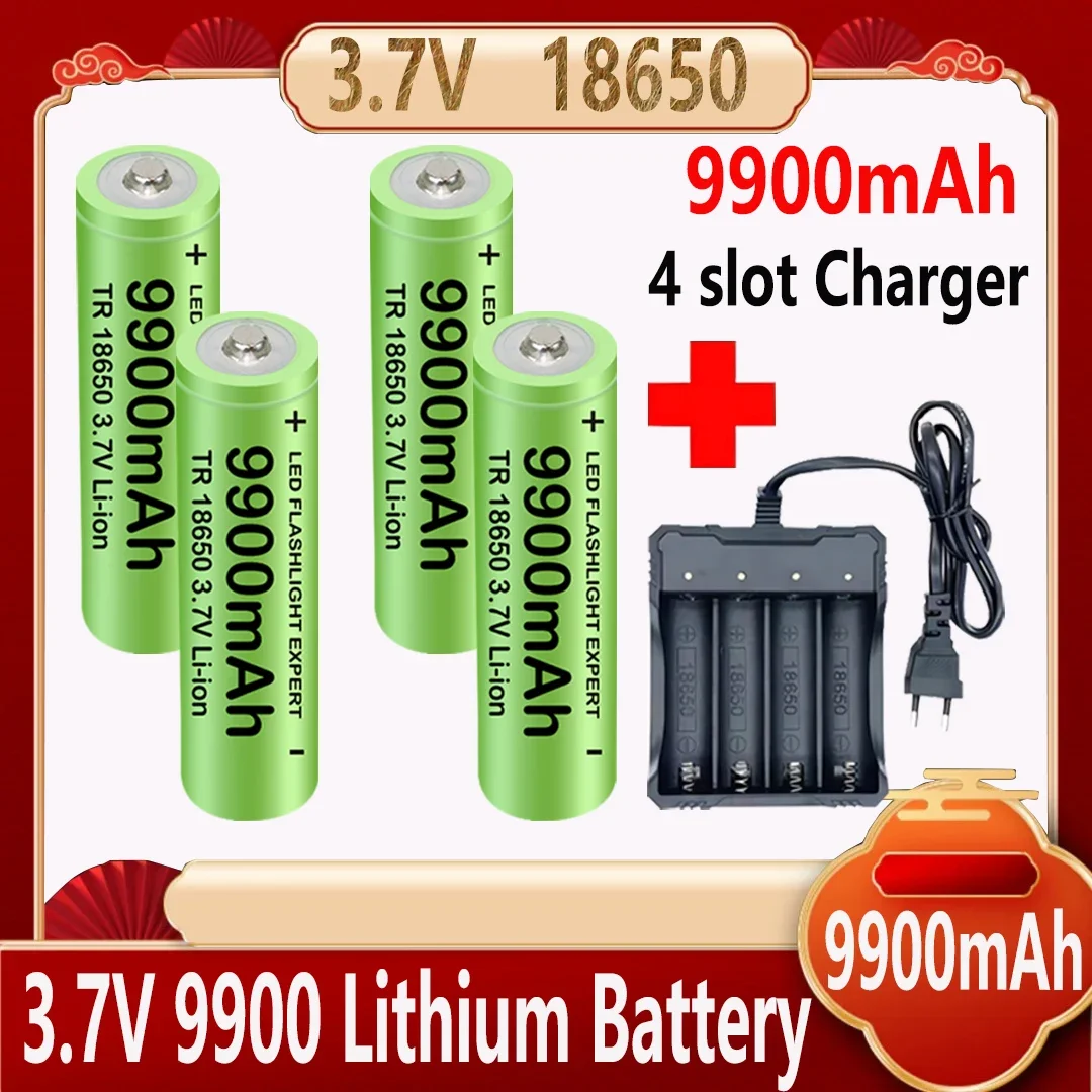 New 18650 Battery 3.7V 18650 9900mAh Capacity Lithium Ion Rechargeable Battery + Charger Flashlight Battery Shipped