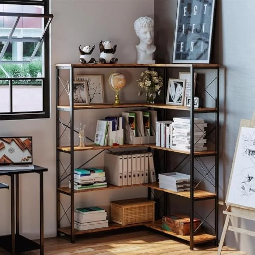 5-Shelf Hoek Boekenkast, Vintage Industriële Hoek Boekenplank Etagere Boekenkast, 5 Tier Hoek Plank Opbergrek Met Metalen Frame