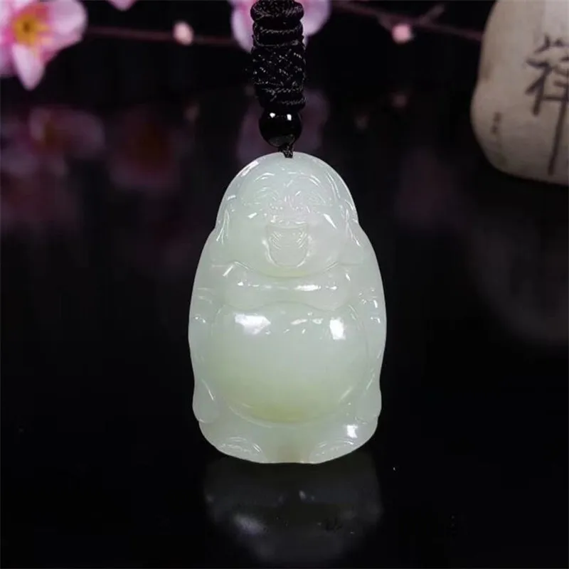 Hotan Standing Maitreya Women Laughing Big Belly Buddha Jade Pendant