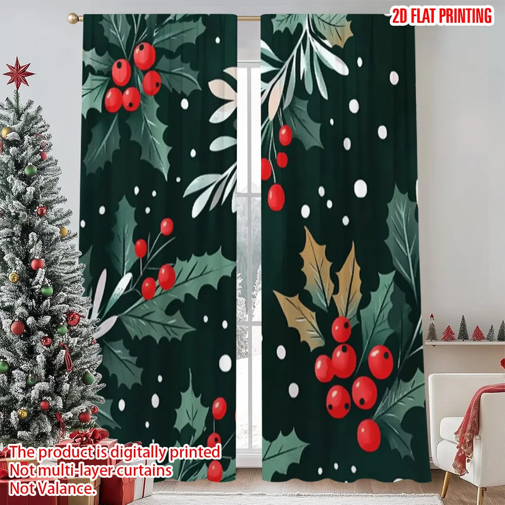 

2pcs 2D flat printing Merry Christmas Popular Curtain Christmas Berries and Leaves Machine Washable Polyester Without