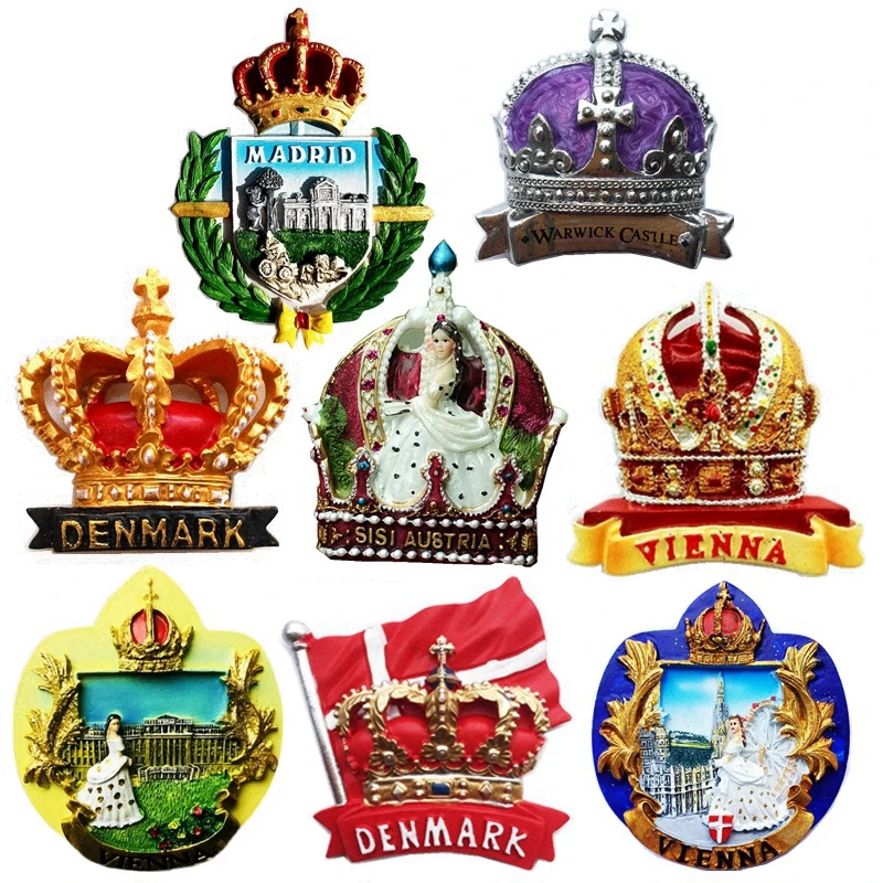 Handmade Painted Crown Of Austria, Denmark, Madrid 3D Fridge Magnets Tourism Souvenirs Refrigerator Magnetic Stickers