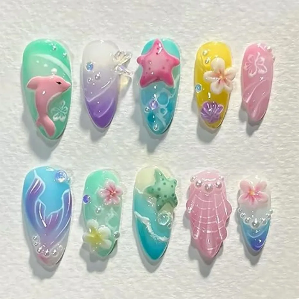 

24pcs New Dreamy Ocean Style 3D Carving Nail Art Dolphin Shell Pearl Fake Nail Slices