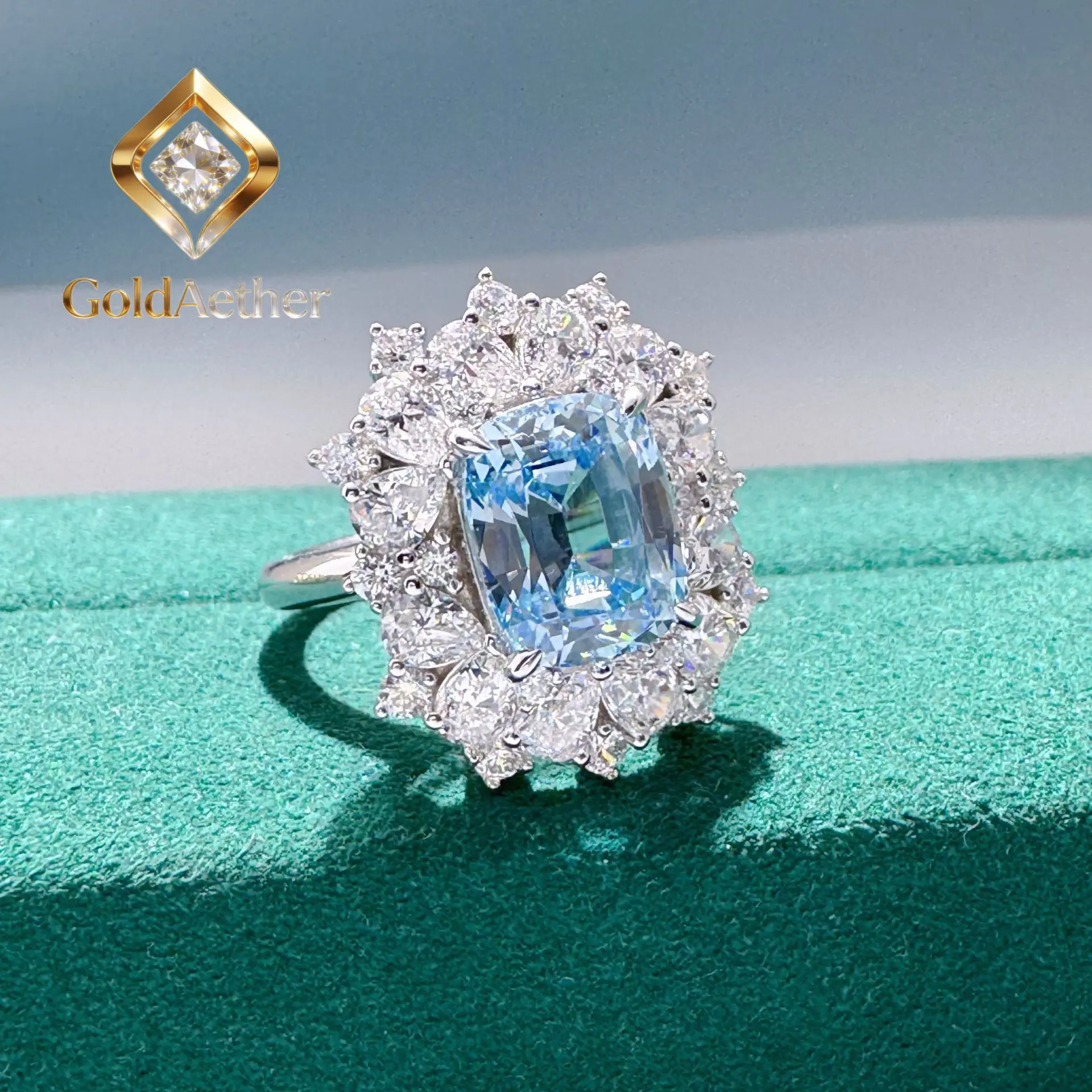 

Кольцо GoldNouveau с аквамарином и муассанитом 4 карата для женщин, оправа из платины PT950, прозрачный оттенок и ослепительное сияние, универсальное