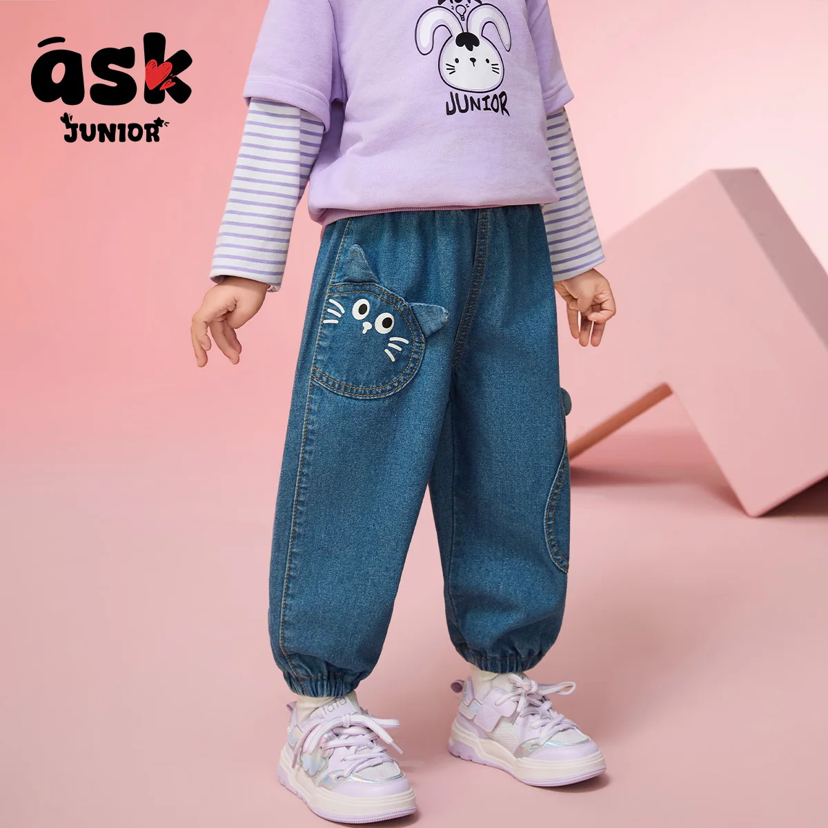 اسأل جونيور [آذان القط ثلاثية الأبعاد] سراويل أطفال ربيعية للفتيات جينز مغسول بناطيل ضيقة للأطفال