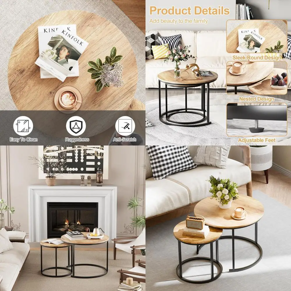 

Round Wooden Nesting Coffee Table Set for 2, Metal Frame Option, Ideal for Living Room, Bedroom, or Balcony, Brown