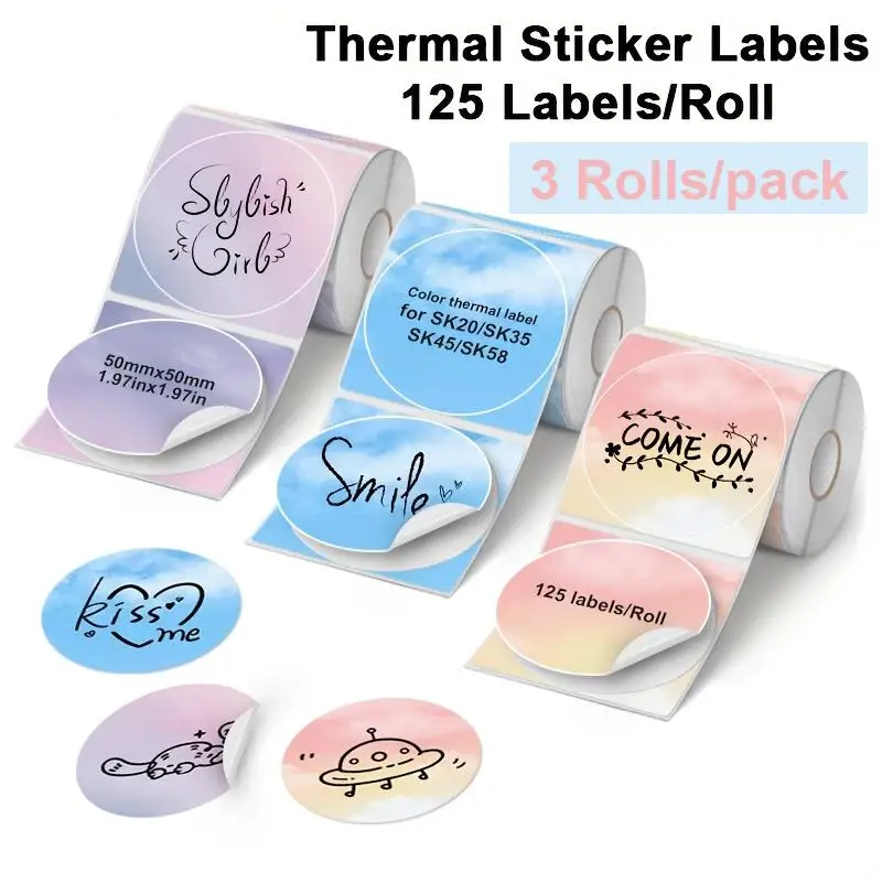 50mm X 50mm 3 Rolls/Set New Thermal Label Printer Sticker Self-Adhesive Color Laser Thermal Paper