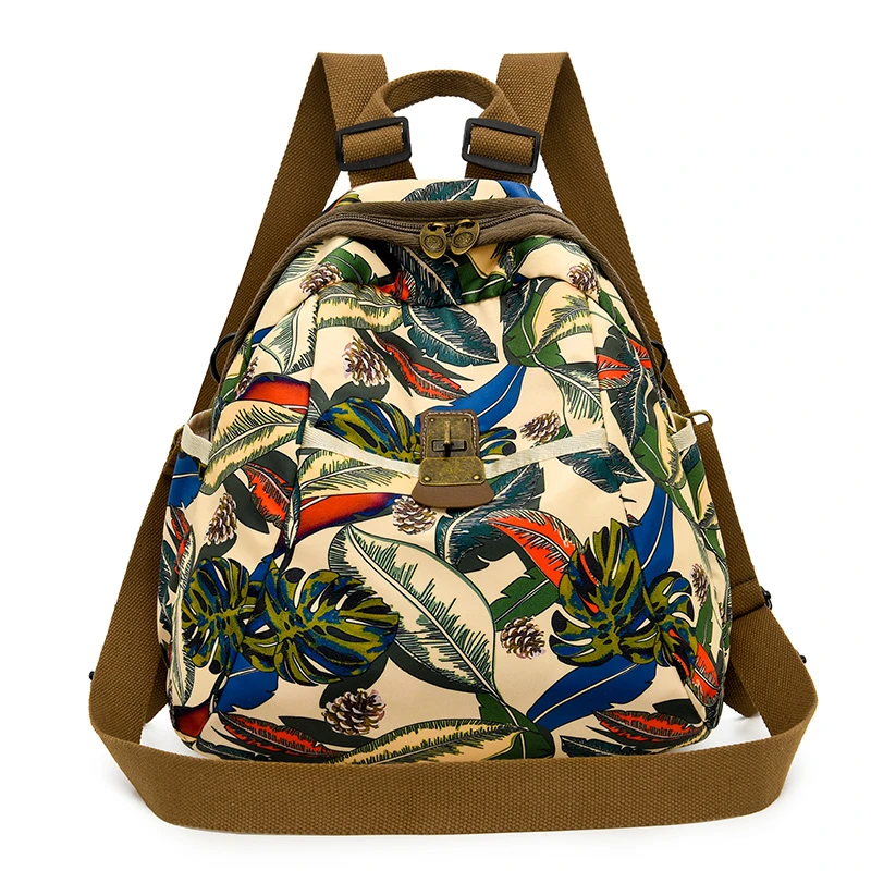 Fashion Women's Backpack Vintage Pinecone Print Nylon Daypack Travel Hiking Bag Casual Brown School Backpack for Girls Gift