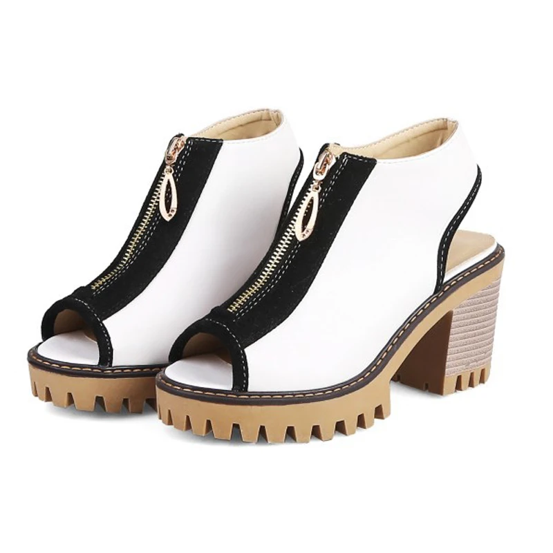 

Front Zipper Design Peep Toe Women Sandals High Heels Color Blocking Summer Female Lady Platform Shoes zapatos de mujer WSH5654