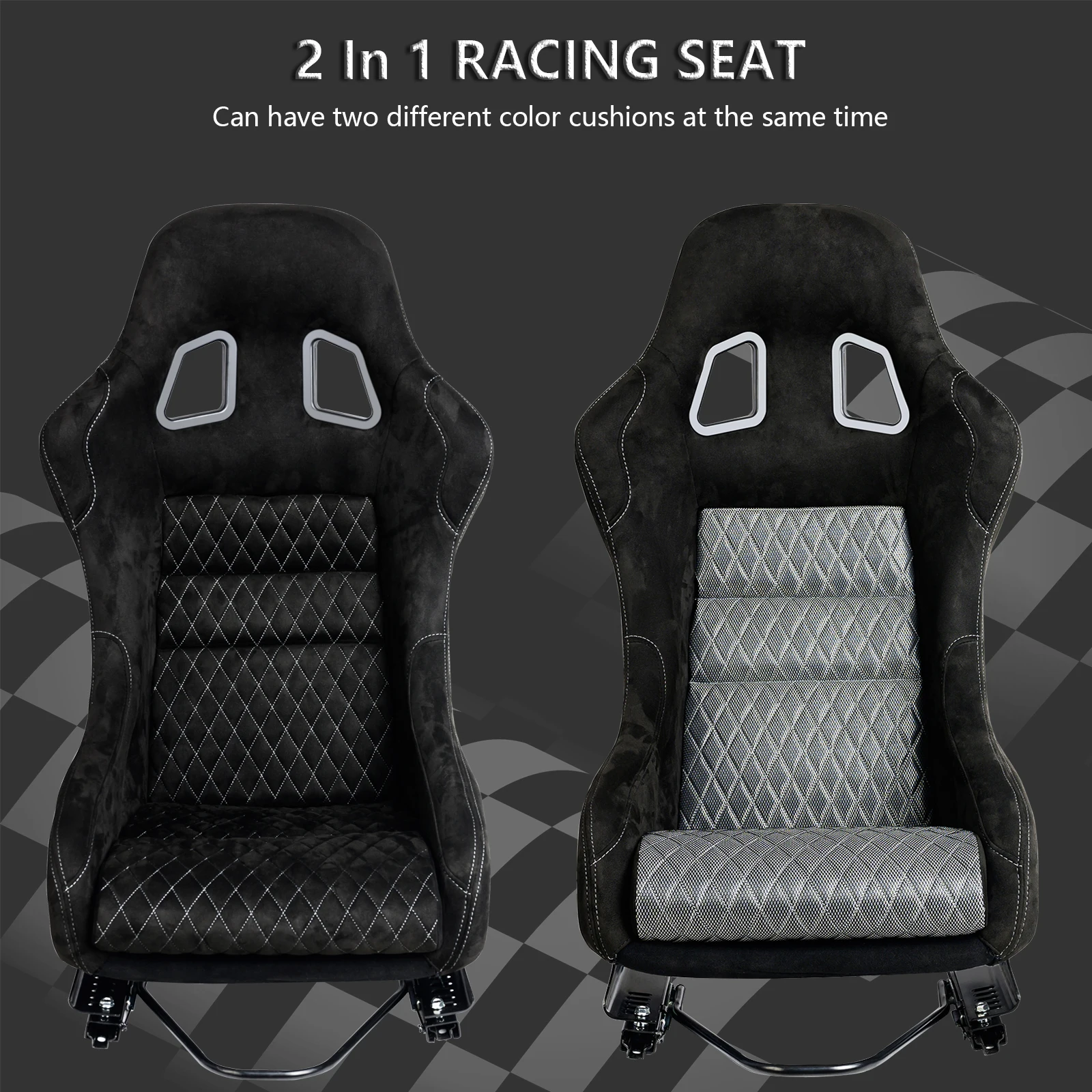 Size L 1PC of Universal Fiber Glass Racing Bucket Seat, Silver Mesh Shiny Fabric w/Dual Lock Slider, Two Different Color cushion