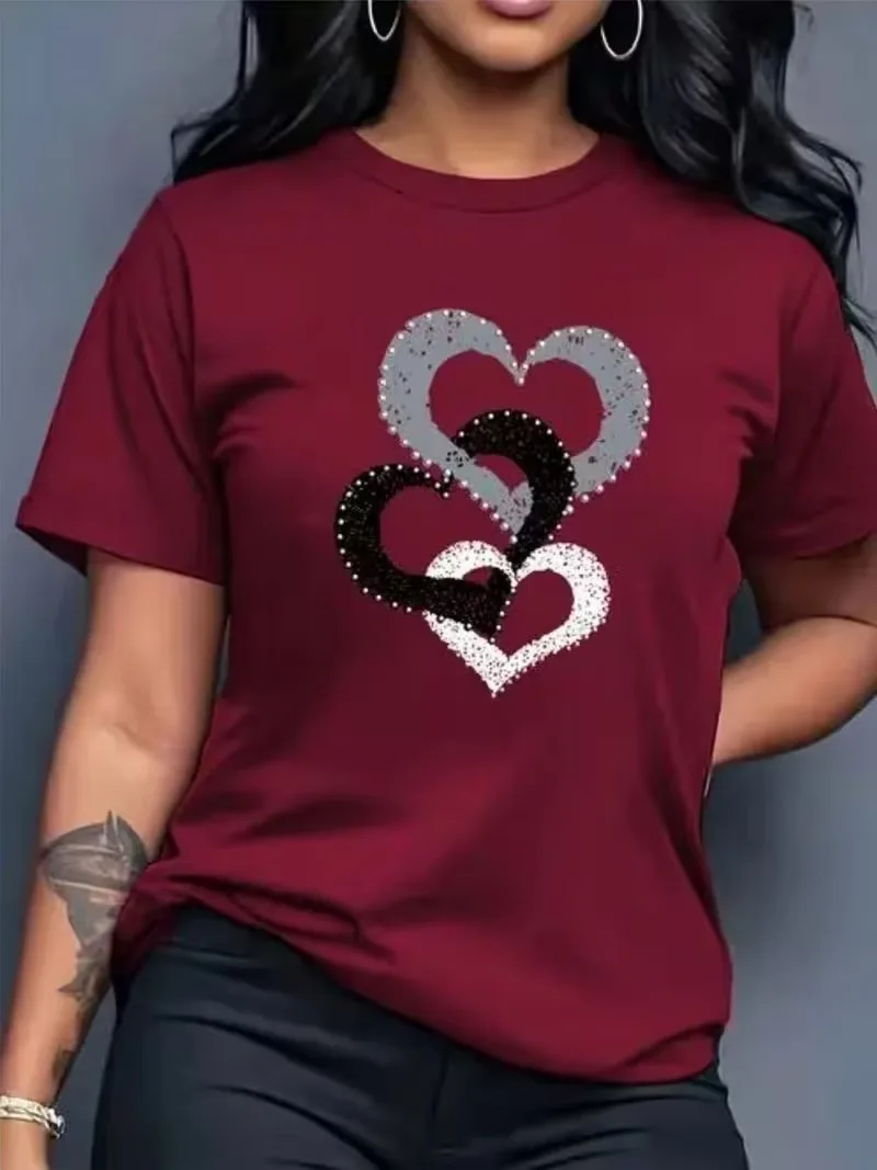 Summer New Three hearts Print Pattern Women's T-shirt Summer Casual Round Neck Short Sleeved Outdoor Sport Casual Women Clothing