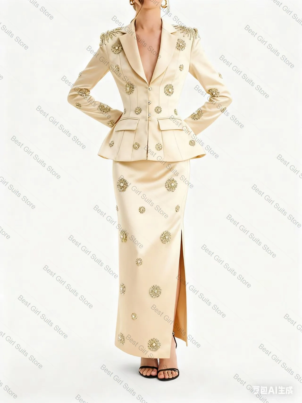 ロイヤルブルークリスタル女性スーツスカートセット 2 ピースブレザー + プロムドレスフォーマルオフィスレディジャケットカスタマイズされた結婚式のゲストコート