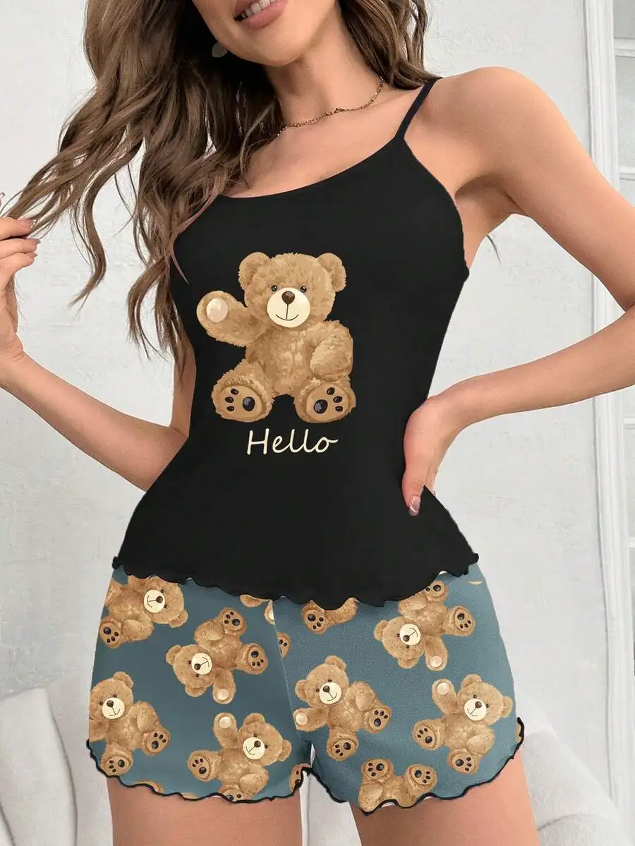 

Summer Women Bear Print Cami And Shorts Pajama Set