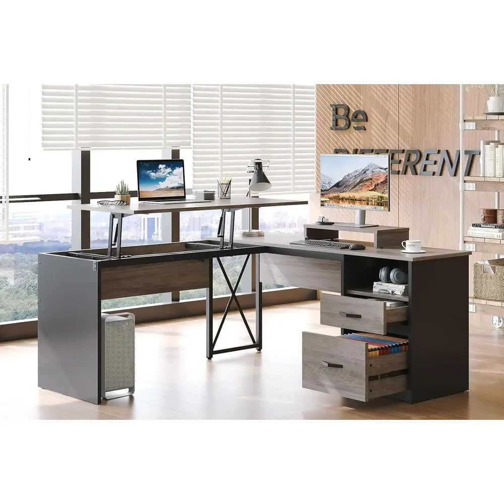 

L Shaped Standing Desk with Lift Top, 55x55 Standing Corner Desk for Home Office, Computer Desk with Reversible File Drawer and