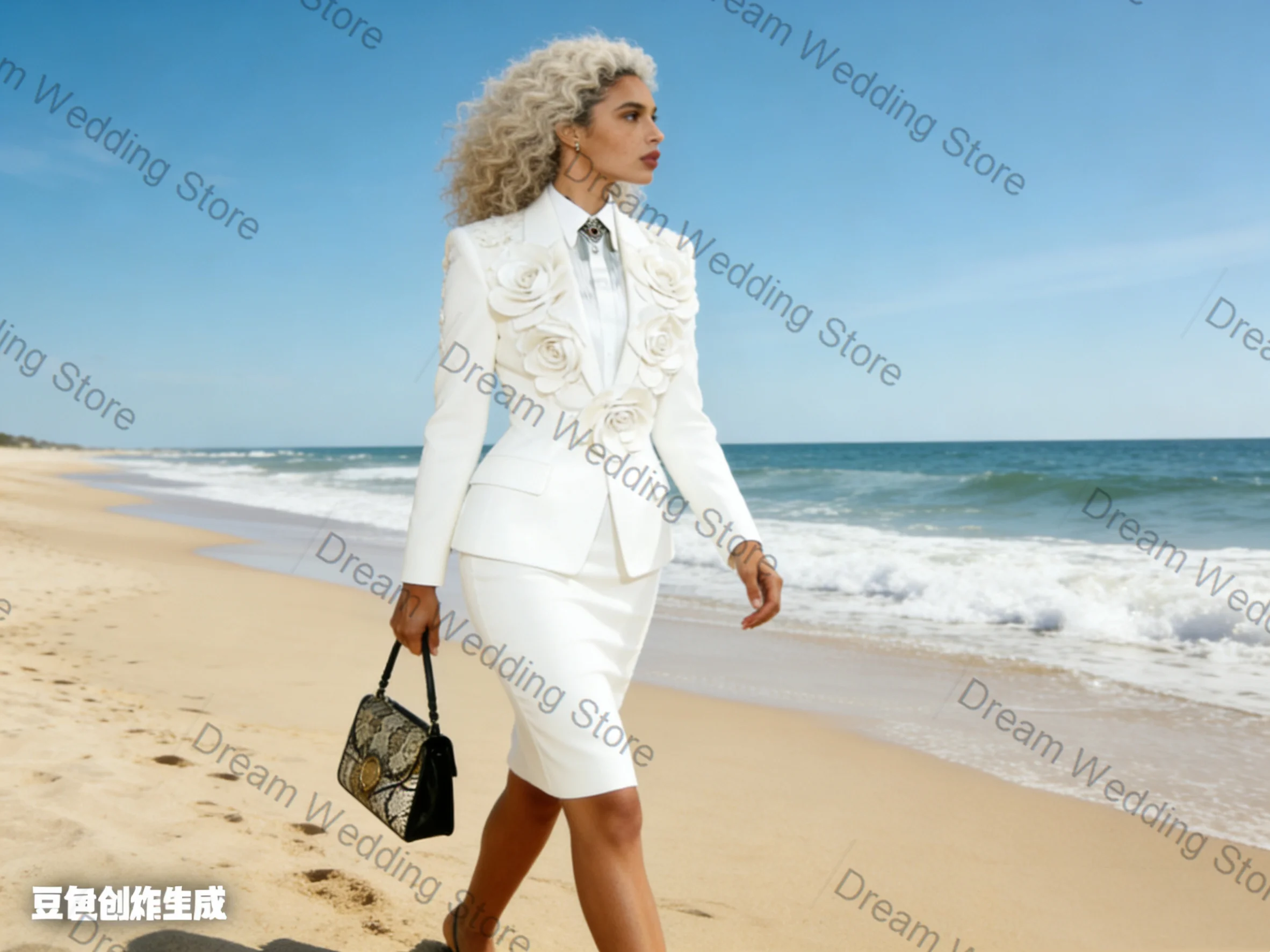 

White Women Suit Skirt Set 2 Pcs Blazer+Prom Dress 3D Flower Spring Formal Office Lady Jacket Customized Wedding Guest Coat