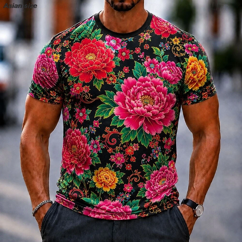 Men's 3D Flower T Shirt Short Sleeve Print Crew Neck Exaggerated Designer Daily Club Party