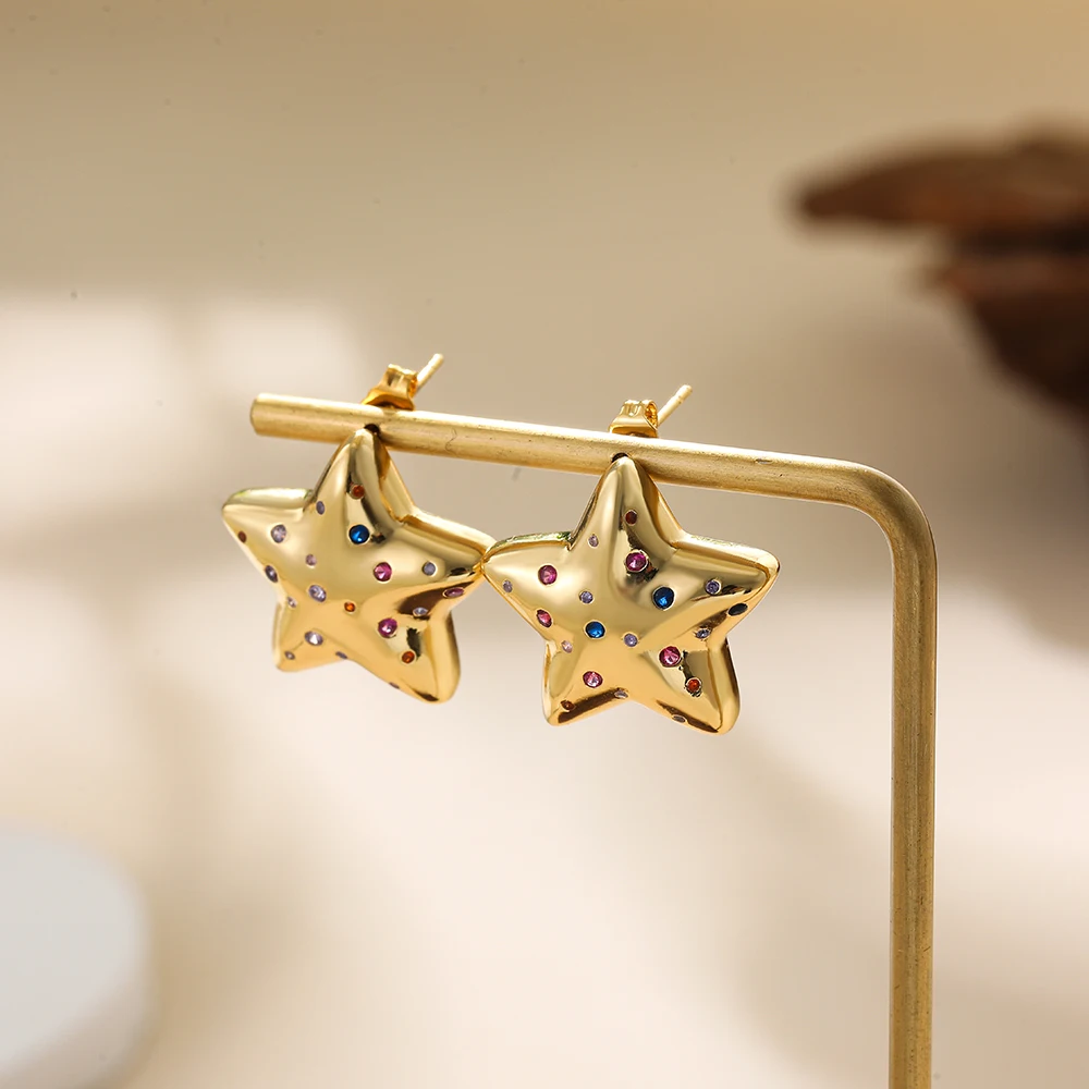 Stainless Steel Color Zircon Chunky Star Stud Earrings Women 18K Gold Plated PVD Shiny Rhinestone Heart Studs Wedding Jewelry