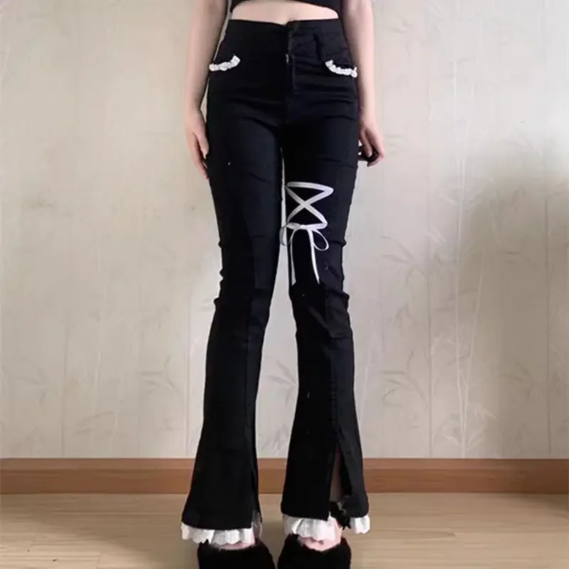 Korean Fashion Slim Pants Women Lace Patchwork Bandage Sweet Denim Jeans Female High Waist Casual Capris Fairycore 2000s Grunge