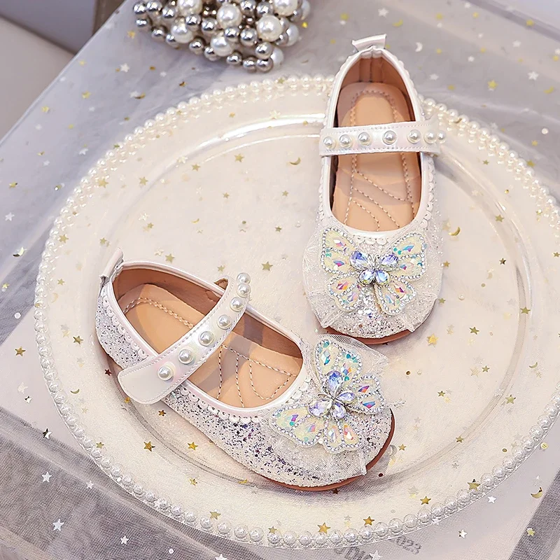 Girls Mary Jane Flat Shoes, Glitter Princess Dress Shoes Ruffle Bow Rhinestone Ornament, Pearl Strap Wedding Birthday Party