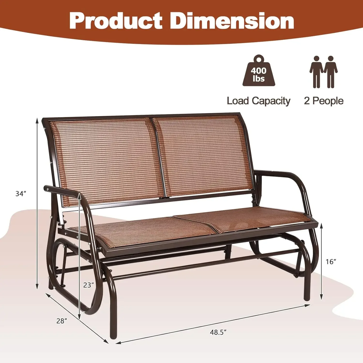 Banc de balançoire extérieur, chaise de causeuse avec cadre en acier Rap-Duty, siège respirant, chaise à bascule en tissu