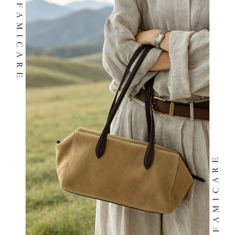 Timeless Solid Color Lady Bowling Bag Casual Effortless Split Suede Leather Shoulder Bag Versatile Women Large Capacity Handbags