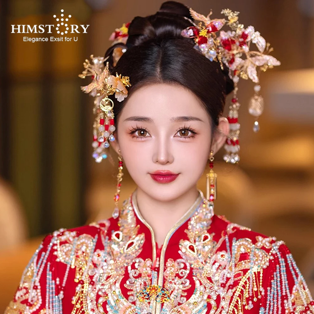 HIMSTORY Handmade Classical Chinese Liquid Flower Wedding Headpiece Lucky Bird Designs  Xiuhe Dress Head Accessories